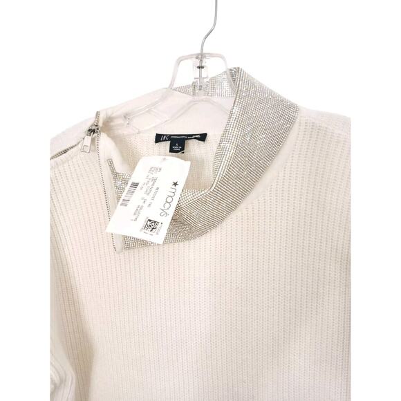New Inc International Concepts SHIMMER Sweater L WHITE Shiny Silver COLLAR $100 - Picture 2 of 16